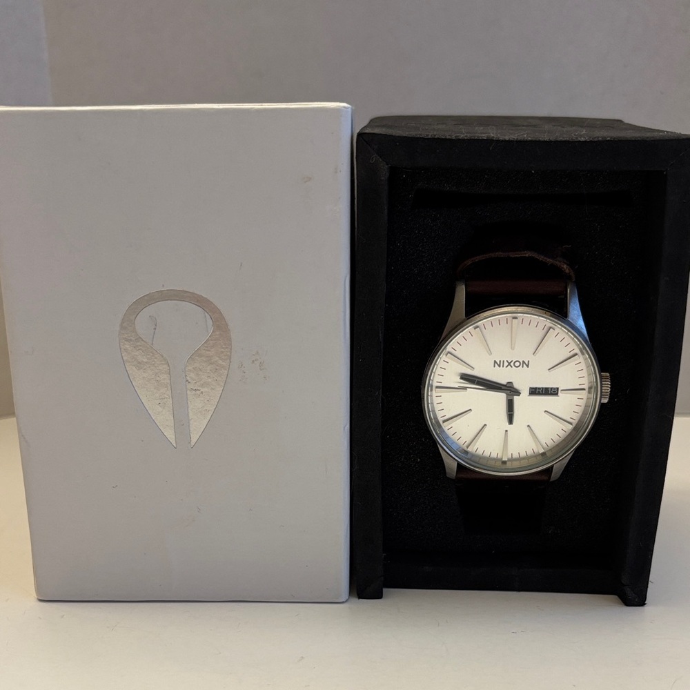 Nixon Silver Dial Watch with Brown Leather Strap
